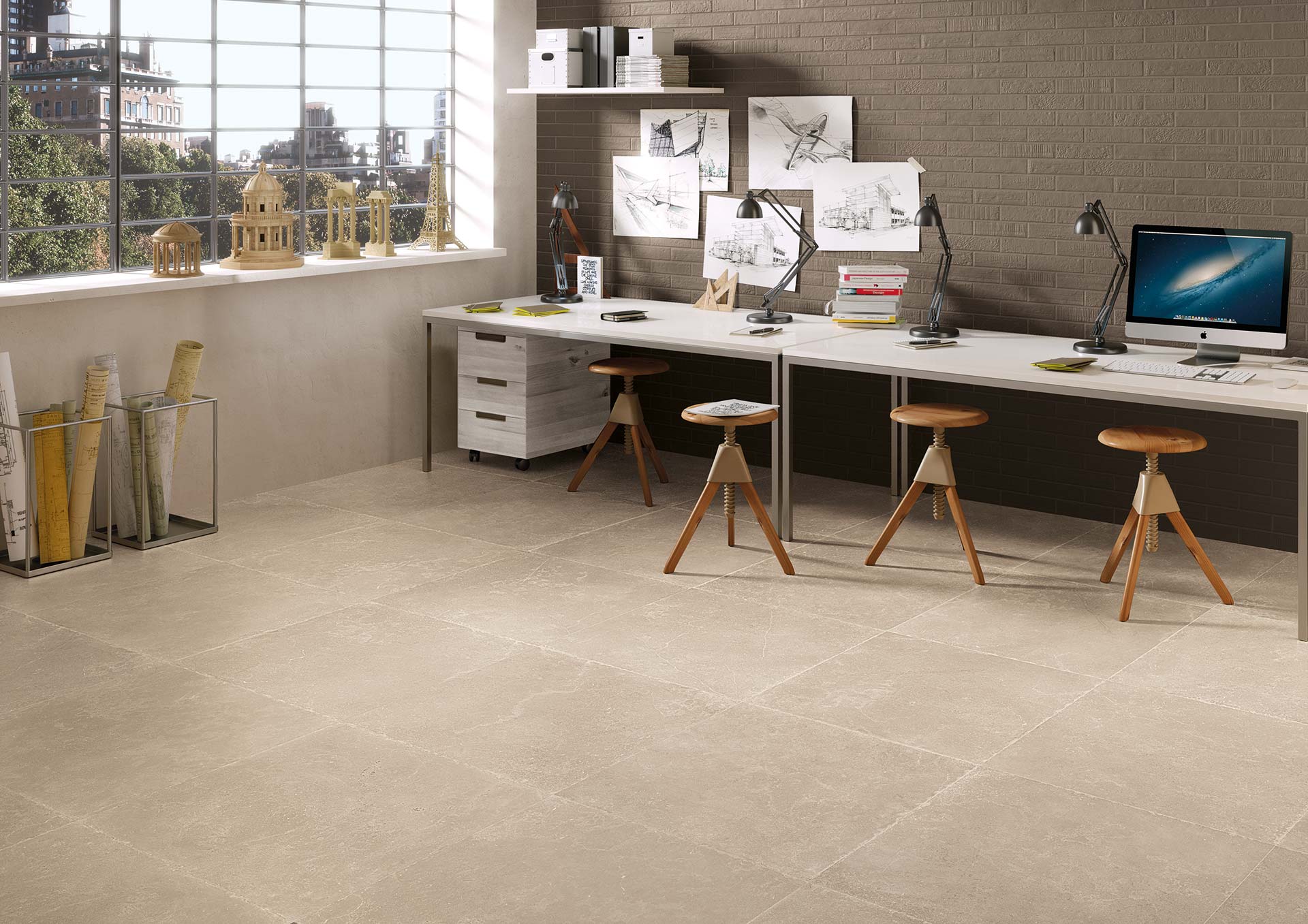 Carrelages imitation pierre beige avec veinage discret